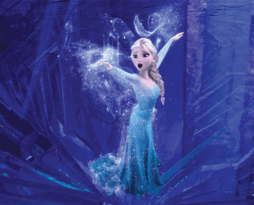 Animated character in sparkling blue ice scene.