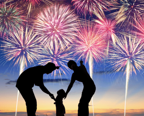 Family watching colorful fireworks in sky.