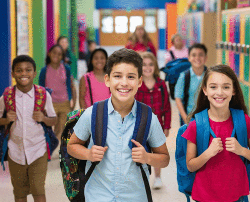 Students with backpacks walking in school hallway.