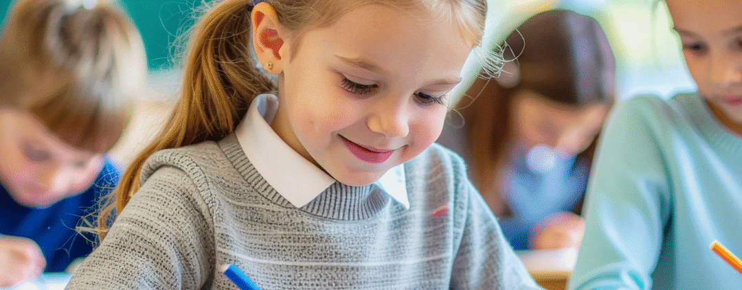 Children writing in a classroom setting.
