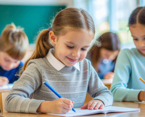 Children writing in a classroom setting.