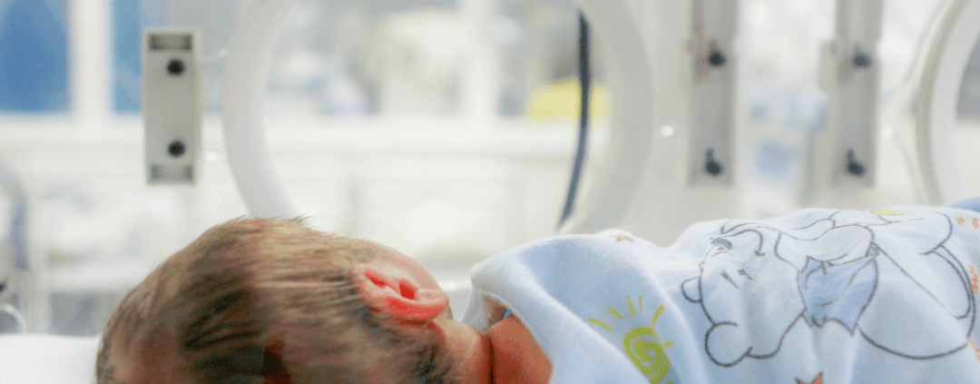 Newborn baby inside a hospital incubator.