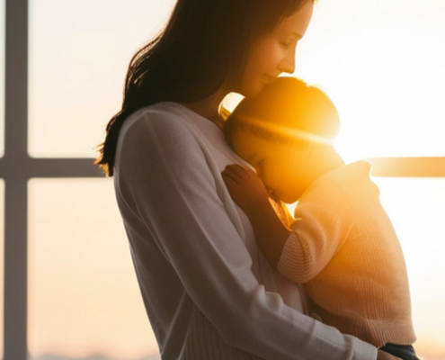 Mother and child embracing by window sunset.